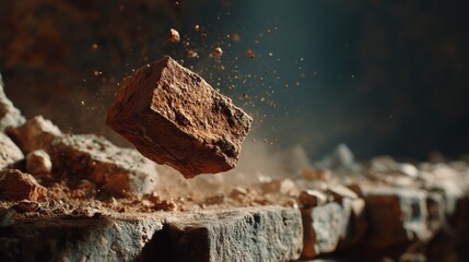 A brick is flying through the air, leaving a cloud of dust behind it. Concept of destruction and chaos, as the brick is breaking apart and scattering debris