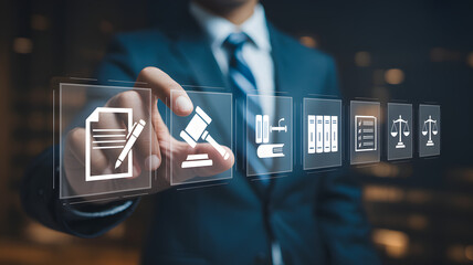 Corporate legal compliance and digital contract management concept with professional touching law and gavel icons.png