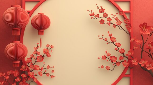 Chinese New Year-themed, traditional Chinese, Chinese window designs, with Plum blossom branches with flowers and glowing red lanterns decorating, background for greeting card, flyers, poster