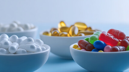 Collection of colorful and white pills and capsules in bowls. Dietary supplements are beneficial for overall health. Multivitamins boost energy and support wellness.