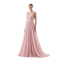 Elegant woman in a long pink evening dress isolated on transparent background