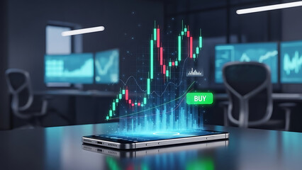 A smartphone displays a vibrant stock market graph in a modern office setting.