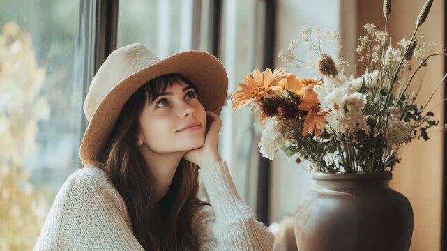 Woman in sweater and hat admires flowers indoors