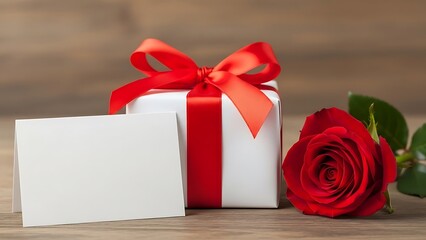 Valentine's day White gift box with red ribbon and a red rose next to a blank card present