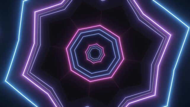Neon geometric tunnel with glowing octagonal outlines in pink and blue image photo