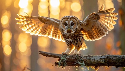 Tawny Owl with Spread Wings Perched on Branch in Golden Forest Light
