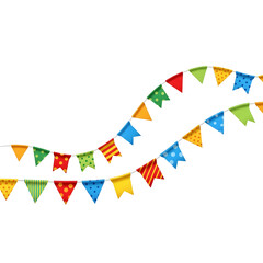 Obraz premium Colorful bunting flags, creating a festive atmosphere for any celebration. The decorative flags feature various patterns and hues, adding a joyful touch Isolated on White background
