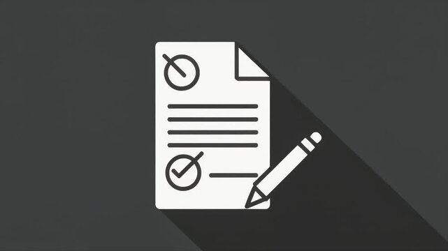 Icon of a document with checklist and pencil on a dark gray background with shadow paper checkmark
