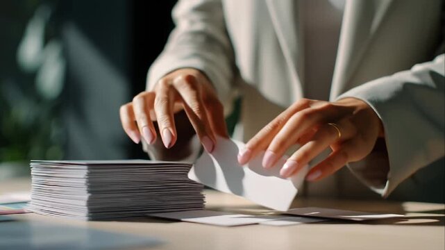 Businesswoman Hands Sorting Documents Stack Filing Paperwork Office Finance Accounting Legal Contracts Reports Data Analysis Success Investment Banking Professional Career Growth