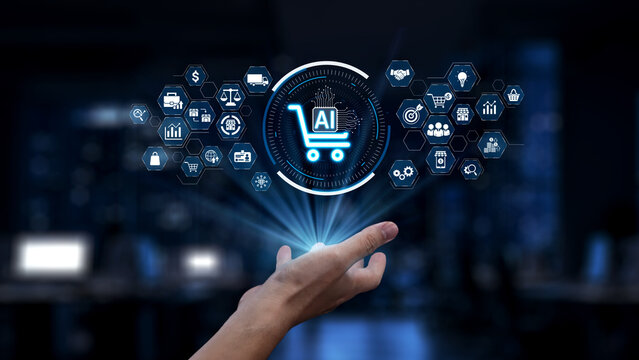 A hand reaching out towards a futuristic shopping cart icon representing AI technology amidst digital data graphics. This image symbolizes the evolution of e-commerce strategies. Synapse