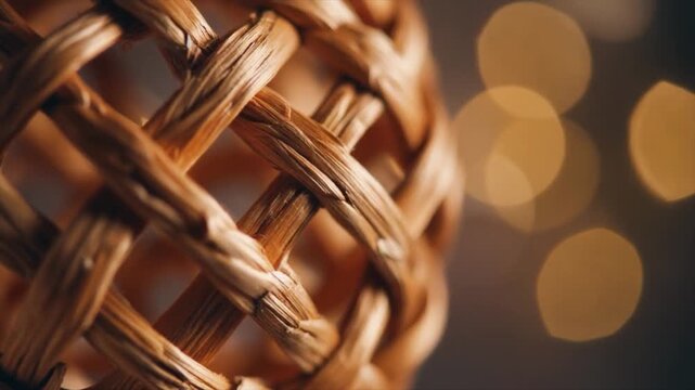 Close-up Macro Shot of Woven Natural Fiber Sphere with Bokeh Lights ball