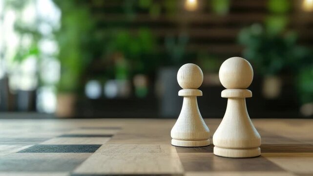 Two wooden pawns on chessboard in natural, blurred background setting