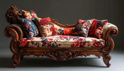 Floral vintage chaise lounge with curved back evokes classic elegance, decorative charm, and interior styling inspiration