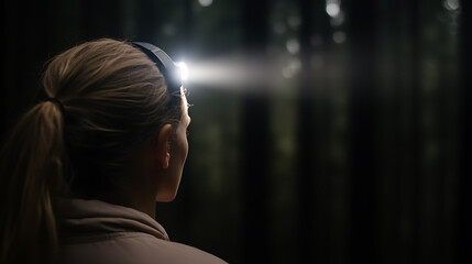 Woman explores nature with headlamp, illuminating dark woods. Adventure, discovery, and the tranquility of night hike amidst trees, under clear skies, embracing nature's mysteries.