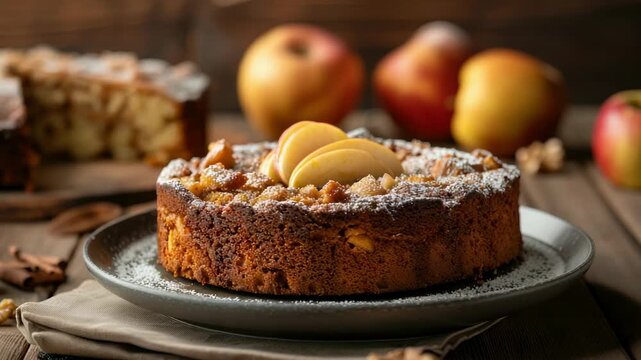 Freshly baked apple cake on plate with fruit and nuts in background
