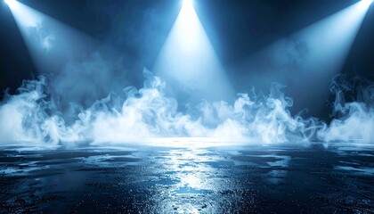 Dramatic Blue Spotlights Illuminate Smoky, Wet Floor in a Dark Setting
