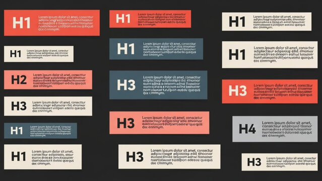 Collection of H1 H2 H3 H4 heading tags with placeholder text modern website design elements for content layout and structure isolated on dark backgr