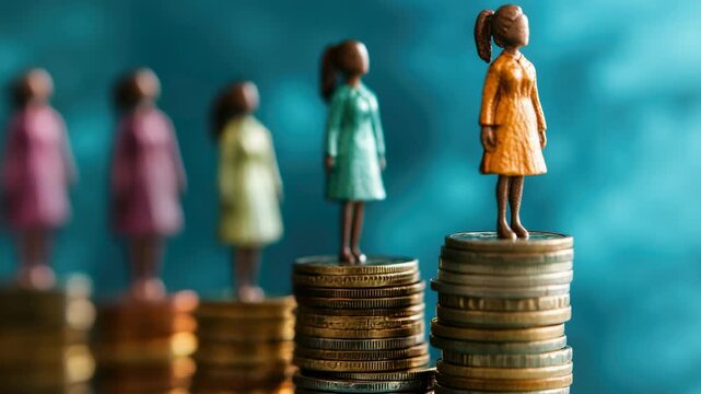 Female figures on coin stacks represent gender pay gap concept