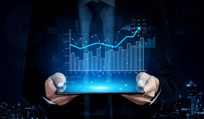 A businessman engages with a tablet showcasing dynamic financial charts and growth trends, surrounded by a modern city skyline in a digital realm. Scalp