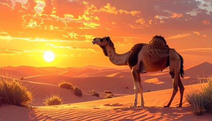 Camel Standing on Desert Dunes at Vivid Orange Sunset