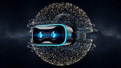 Futuristic Virtual Reality Headset Floating in a Glowing Digital Particle Sphere
