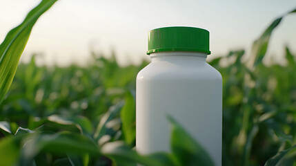 White bottle with green cap nestled in a vibrant green cornfield. Focus on healthy agriculture, crop care, & the importance of responsible farming practices. Promote sustainability.