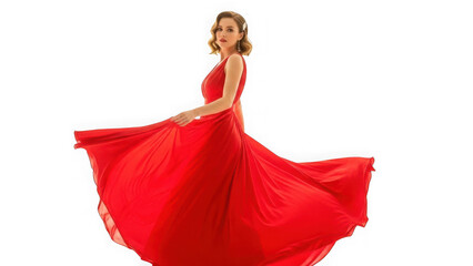 Woman wearing a flowing red evening gown isolated on transparent background