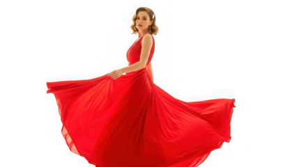 Woman wearing a flowing red evening gown isolated on transparent background
