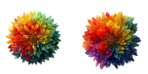 Two vibrant colorful floral arrangements with rainbow petals and brown centers ideal for design projects on transparent background