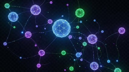Vibrant network of glowing orbs and connections on a dark background with purple, blue, and green hues
