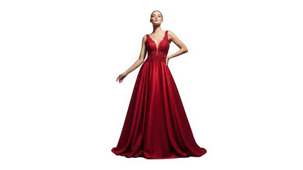 Woman wearing a long red evening gown with a plunging neckline isolated on transparent background