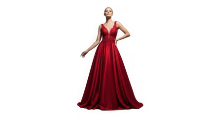 Woman wearing a long red evening gown with a plunging neckline isolated on transparent background