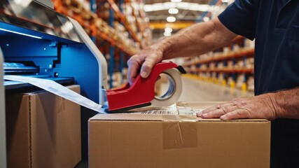 Warehouse worker seals package with tape dispenser for shipping and logistics - Powered by Adobe