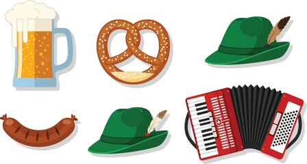 Flat design set of 6 Oktoberfest items beer stein with foam pretzel sausage bratwurst tyrolean hat and accordion