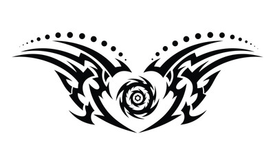 Tribal tattoo design with wings and rose on white background