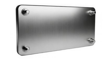 Brushed metal plate with four screws on isolated transparent background