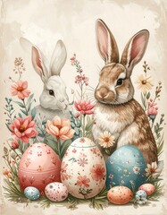 Easter Bunny Rabbits with Decorated Eggs and Flowers.