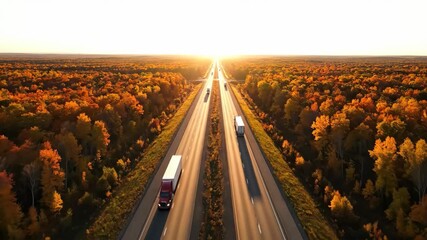 Autumn Highway Horizon Golden sunset over forest and road with semitrucks.