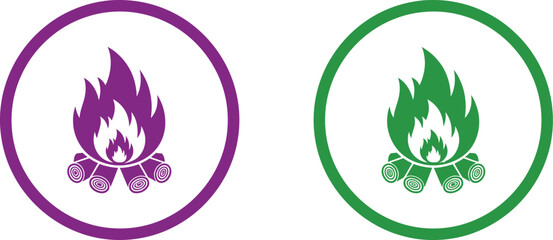 Two colorful fire icons in circles purple and green on transparent background
