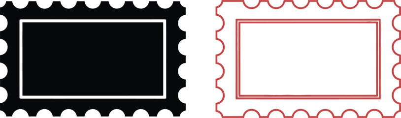 Obraz premium Two postage stamps one black and one red with jagged edges on transparent background