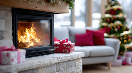 Cozy family living room with a lit fireplace and christmas tree decorated with ornaments and lights beside a sofa with gift boxes on the floor