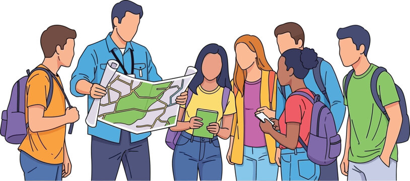 Group of people looking at a map together on transparent background