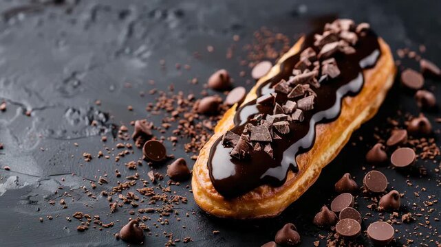 Chocolate-covered eclair with chocolate chips on dark surface
