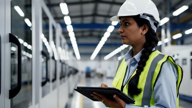 Female engineer in hard hat inspecting factory floor with digital tablet