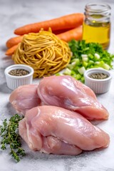 Raw chicken breast fillets and fresh ingredients for preparing a healthy meal with vegetables and noodles