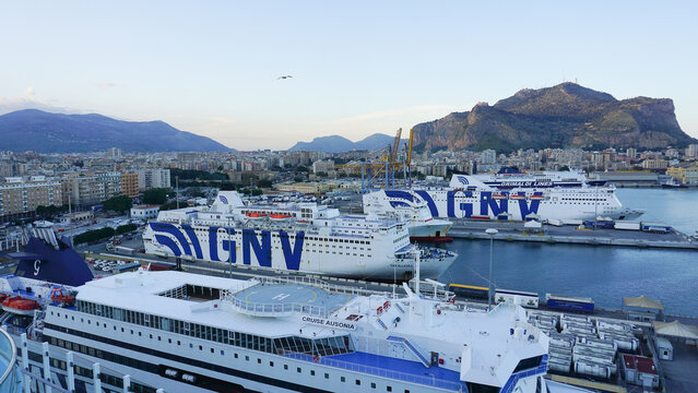 Palermo, Italy - December 18, 2025: Cruise port, GNV ferry in the port of Palermo. Italy