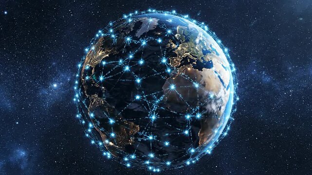 Global network connection conceptualization with shining lights across planet earth