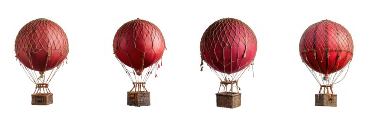 Four detailed red hot air balloons with wicker baskets are presented in a row on transparent background