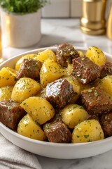 Beef steak bites and potatoes with garlic butter sauce, classic comfort food prepared for dinner