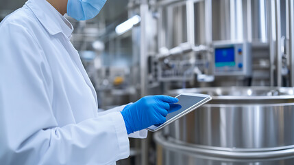 A lab technician in sterile garments and gloves examines digital data on a tablet, in front of sophisticated machinery. The technician is wearing a mask in this clinical setting.